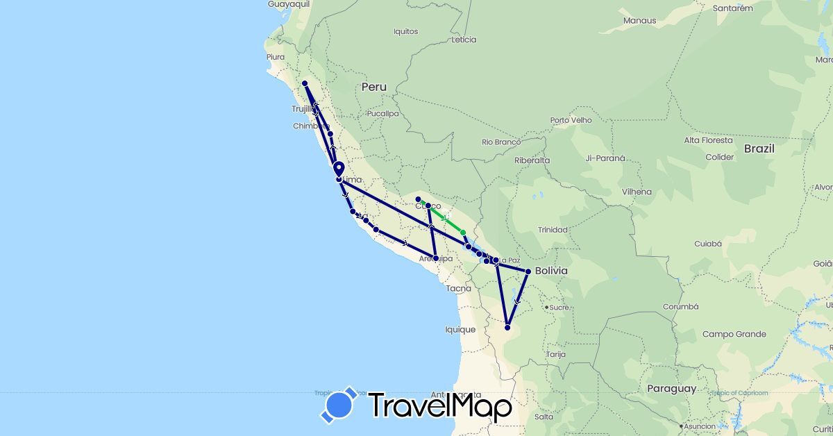 TravelMap itinerary: driving, bus in Bolivia, Peru (South America)